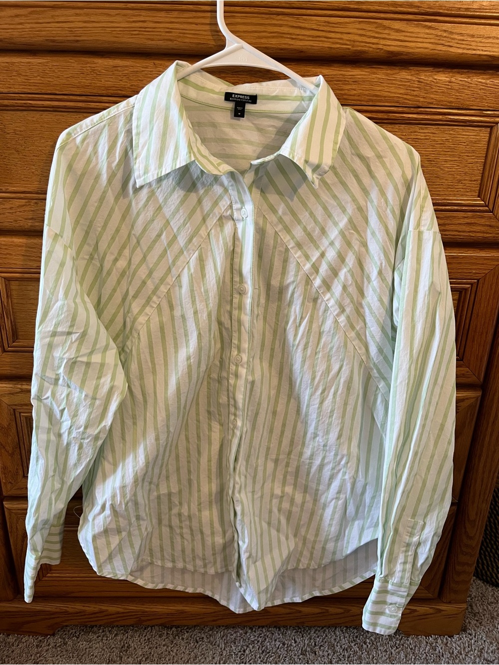Express Women's Light Green and White Striped Button-Down Shirt